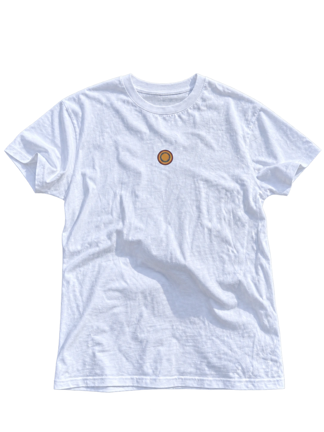 White NOSTERA T-shirt with the sun motif, isolated on a transparent background